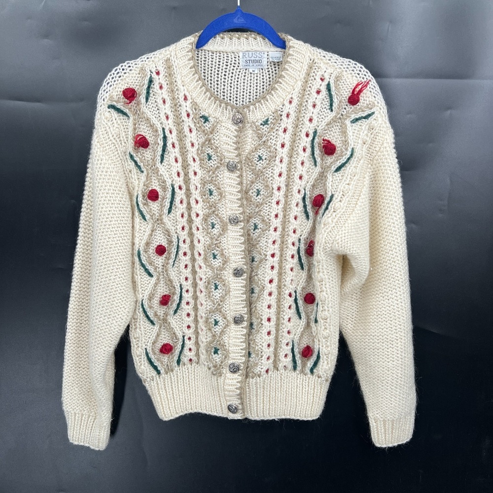 Russ studio acrylic knit cardigan sweater grandmacore celestial button cottage M